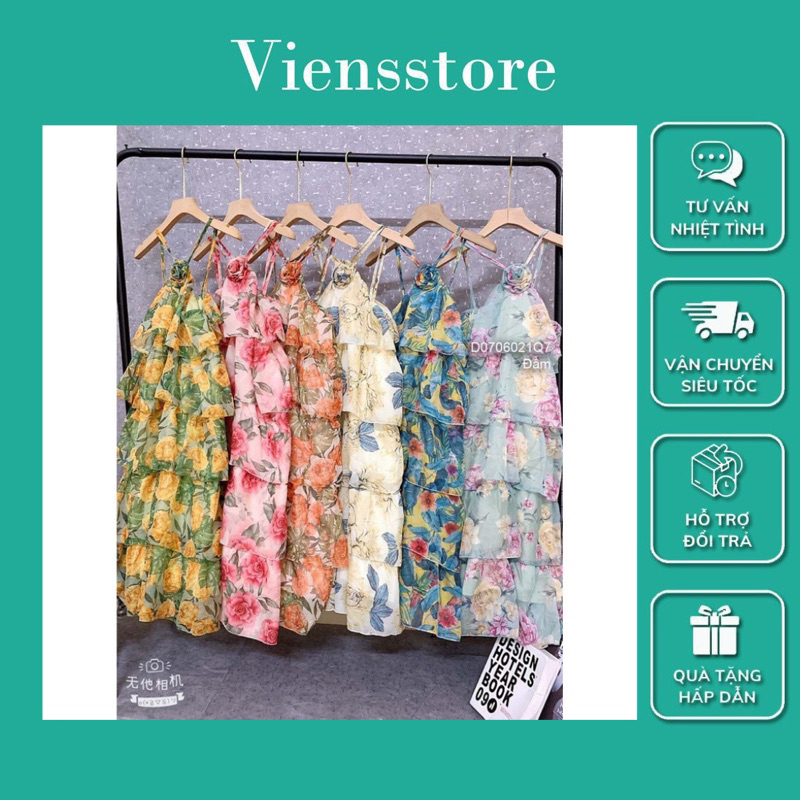 Đầm suông hoa 5 tầng phối cổ yếm sang trọng VIENS STORE