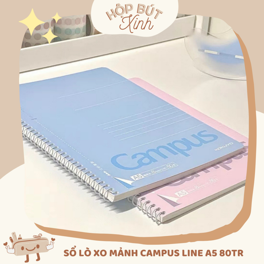 SỔ LÒ XO CÒNG MẢNH KOKUYO CAMPUS- 50 TRANG / 80 TRANG - RUỘT SỔ LINE KẺ NGANG - SIZE A5 - MÀU HỒNG PASTEL / XANH PASTEL
