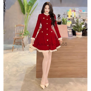 Đầm thời trang nữ mặc đi chơi chất nhung mềm đính nút cổ phối trắng viền vây xoè đen đỏ tay dài ANIESHOP688