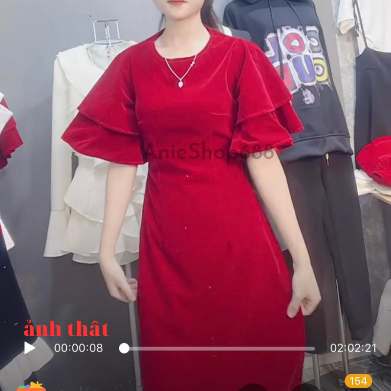 Áo Dài Cách Tân Tay Loe Chất Liệu Nhung Đỏ Kèm Quần, Set Áo Dài Mặc Tết Sang Chảnh ANIESHOP688