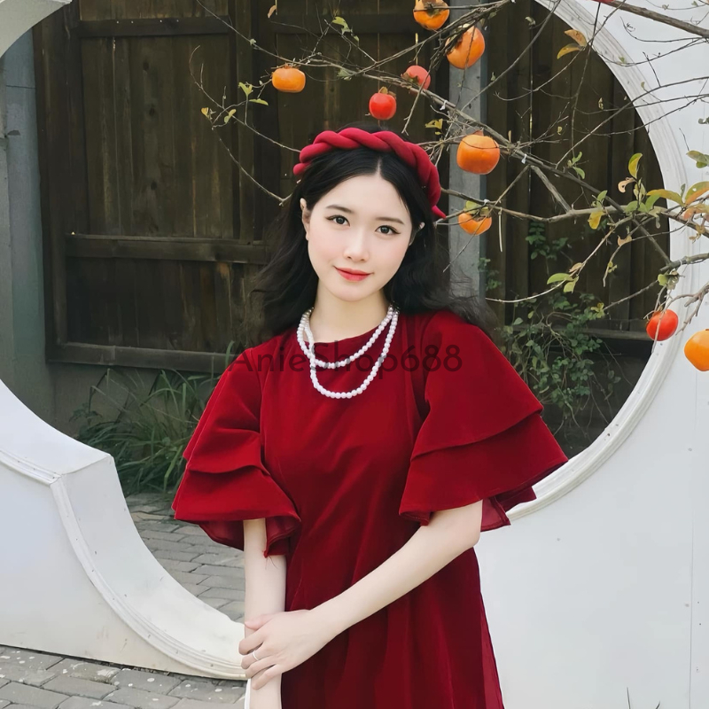 Áo Dài Cách Tân Tay Loe Chất Liệu Nhung Đỏ Kèm Quần, Set Áo Dài Mặc Tết Sang Chảnh ANIESHOP688