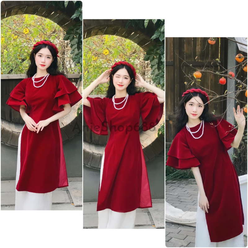 Áo Dài Cách Tân Tay Loe Chất Liệu Nhung Đỏ Kèm Quần, Set Áo Dài Mặc Tết Sang Chảnh ANIESHOP688