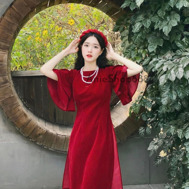 Áo Dài Cách Tân Tay Loe Chất Liệu Nhung Đỏ Kèm Quần, Set Áo Dài Mặc Tết Sang Chảnh ANIESHOP688