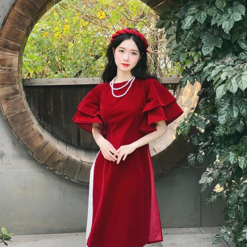 Áo Dài Cách Tân Tay Loe Chất Liệu Nhung Đỏ Kèm Quần, Set Áo Dài Mặc Tết Sang Chảnh ANIESHOP688