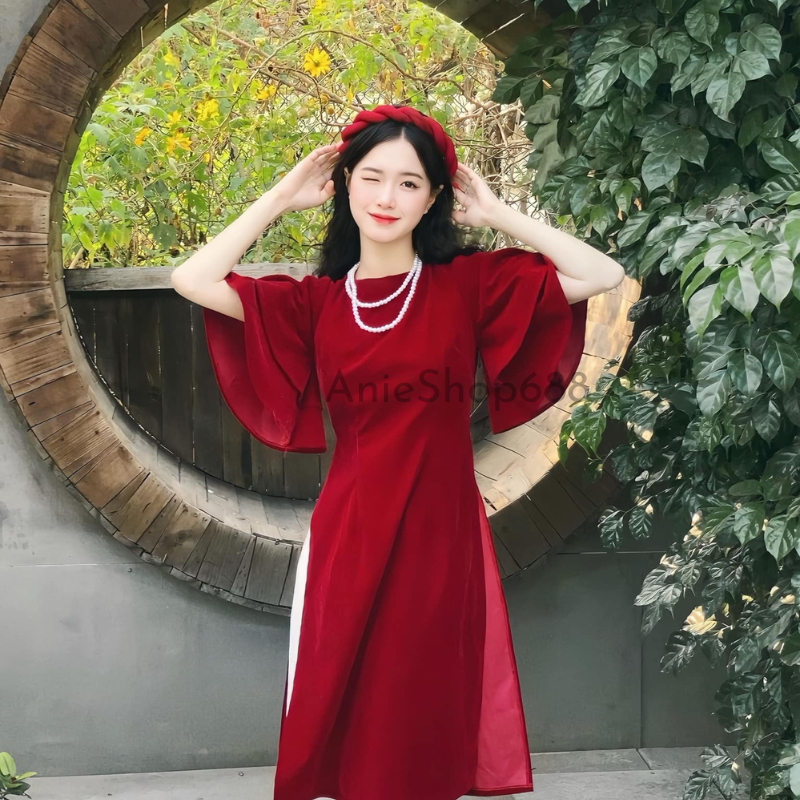 Áo Dài Cách Tân Tay Loe Chất Liệu Nhung Đỏ Kèm Quần, Set Áo Dài Mặc Tết Sang Chảnh ANIESHOP688