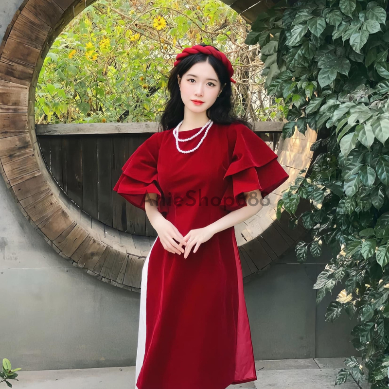 Áo Dài Cách Tân Tay Loe Chất Liệu Nhung Đỏ Kèm Quần, Set Áo Dài Mặc Tết Sang Chảnh ANIESHOP688