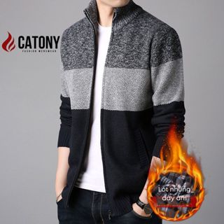 Áo khoác len nam cổ đứng Hàn Quốc, áo khoác lót lông dày dặn siêu ấm CATONY Áo len nam có khoá kéo thời trang KP082