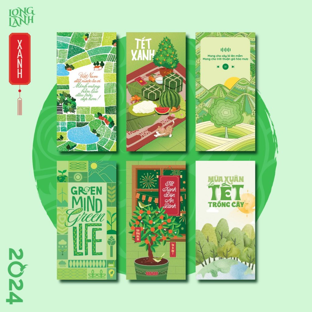 Set 6 bao lì xì sống xanh thông điệp ý nghĩa 2024