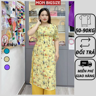Áo dài cách tân bigsize nữ họa tiết kèm quần chất lụa MON big size 50 - 90kg