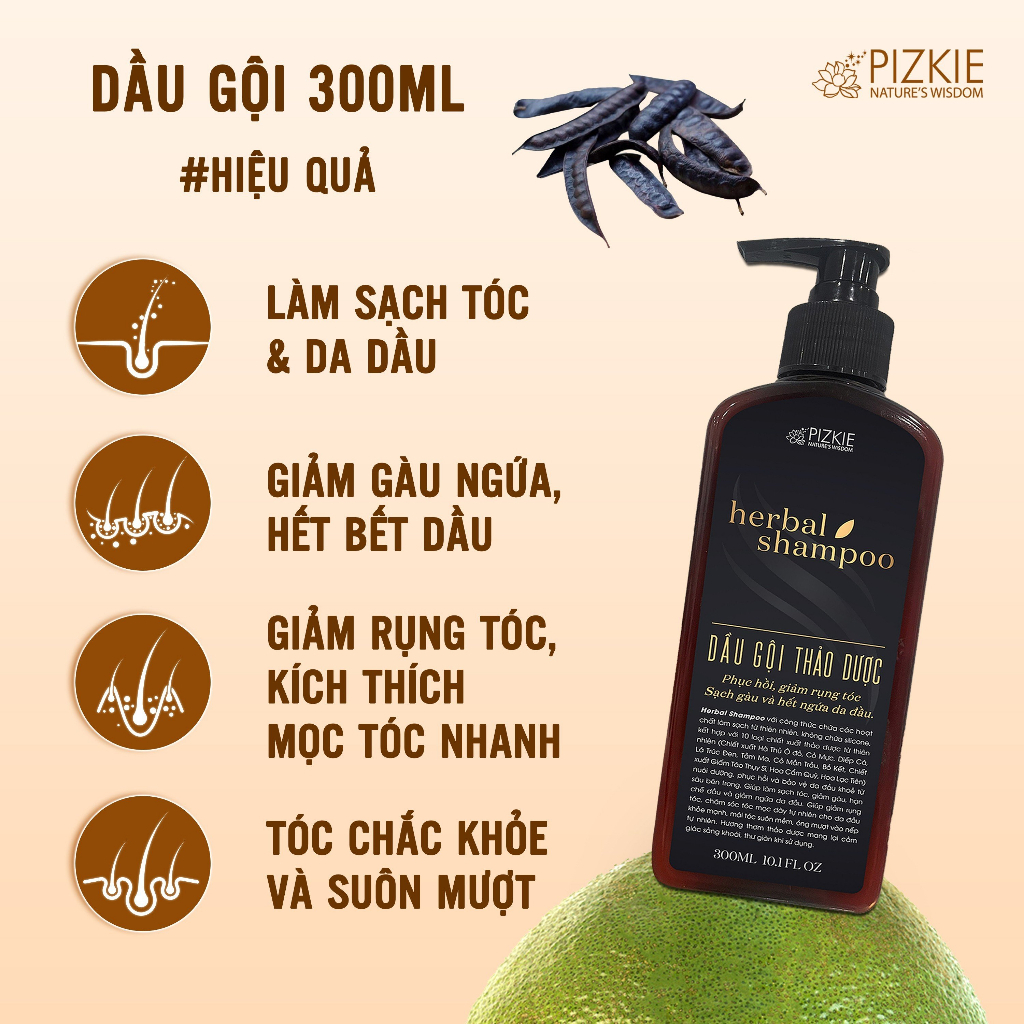 COMBO Dầu Gội, Dầu Xả Thảo Dược Bồ Kết, Hà Thủ Ô Đỏ PIZKIE 300ML Kích Thích Mọc Tóc Sạch Gàu Giúp Tóc Chắc Khoẻ