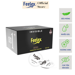 Bao cao su Feelex invisible đen siêu mỏng, nhiều gel bôi trơn, hương thơm - Hộp 10 bcs