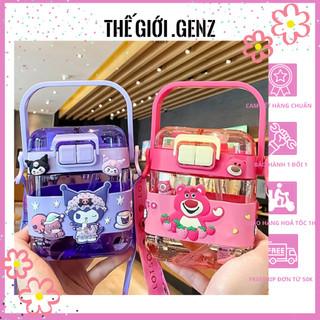 Bình nước 2 nắp cho bé disney sanrio nhựa tritan có dây đeo hình kitty, mickey, gấu dâu, kuromi siêu dễ thương (genzshop