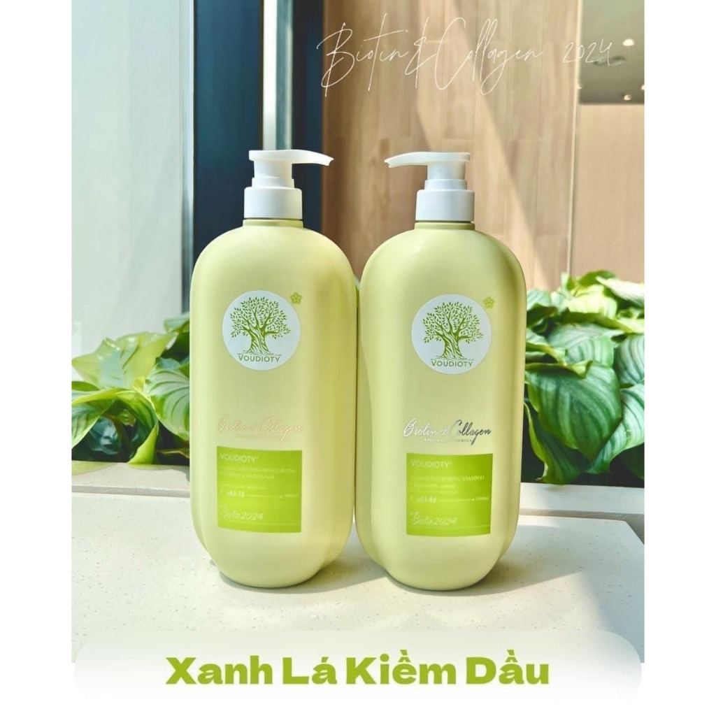 Cặp Dầu Gội Xả Biotin Collagen Voudioty Xanh Lá Mẫu Mơi 2024 Kiềm Dầu, Giảm Rụng, Phục Hồi Tóc Hư Tổn