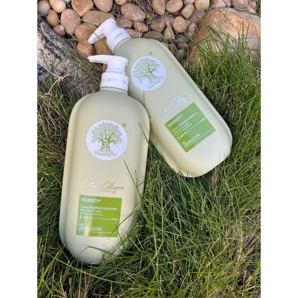 Cặp Dầu Gội Xả Biotin Collagen Voudioty Xanh Lá Mẫu Mơi 2024 Kiềm Dầu, Giảm Rụng, Phục Hồi Tóc Hư Tổn