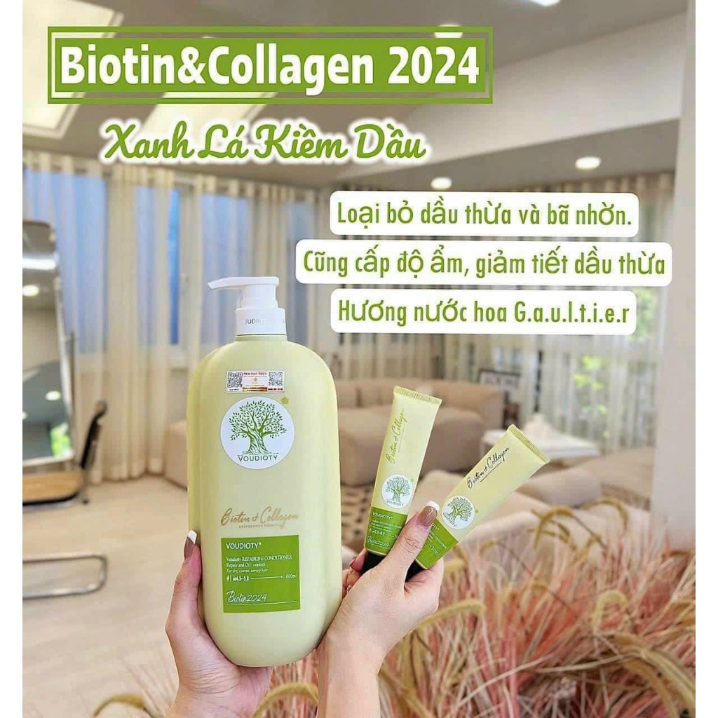 Cặp Dầu Gội Xả Biotin Collagen Voudioty Xanh Lá Mẫu Mơi 2024 Kiềm Dầu, Giảm Rụng, Phục Hồi Tóc Hư Tổn