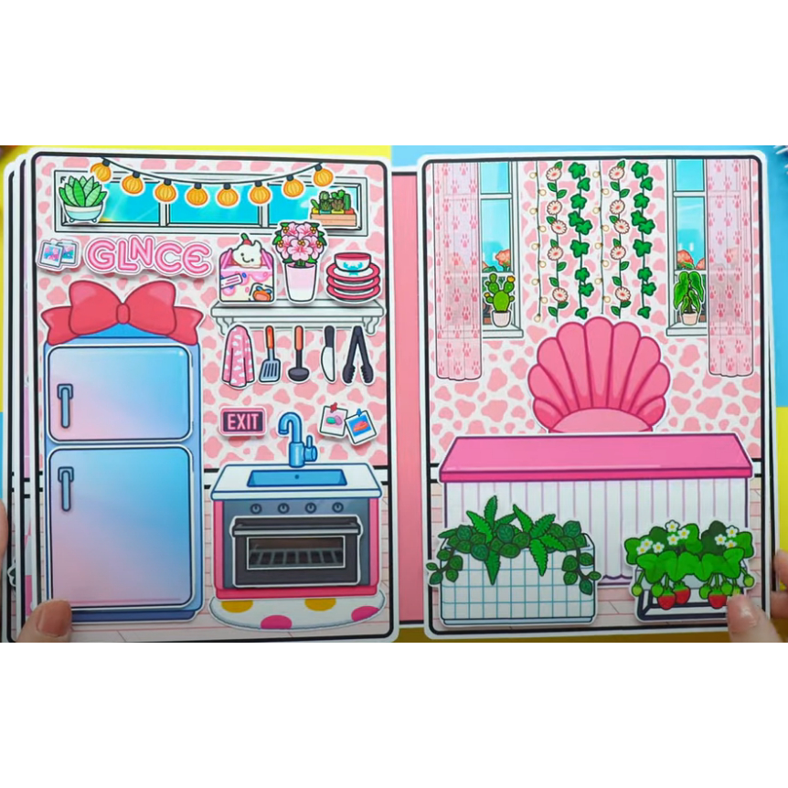 Pink and White House Quiet Book, búp bê giấy, candyhome paper