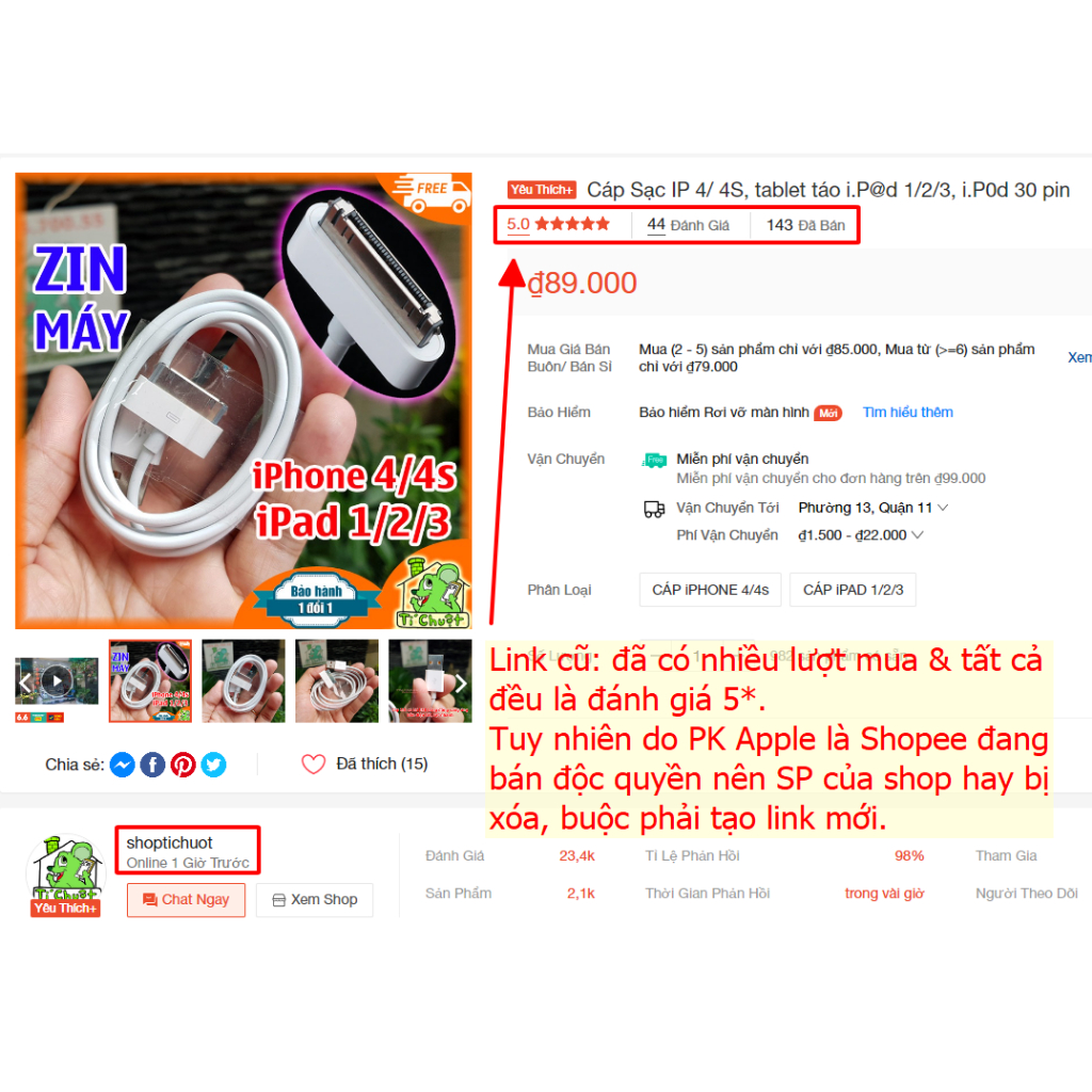 Cáp Sạc 30 Pin Ai Ph0ne 4/ 4S - MTB Pad 1/2/3 Chính Hãng