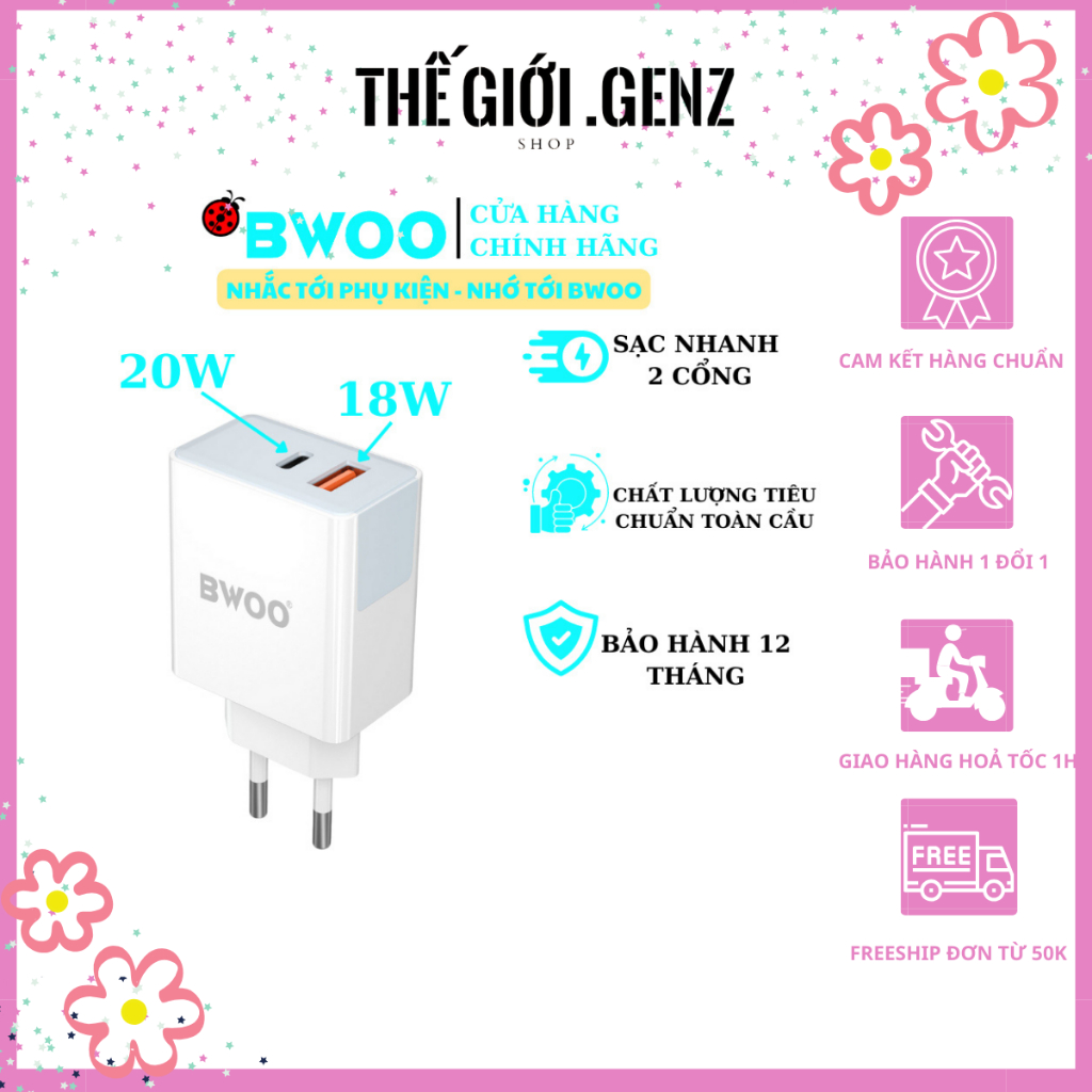 Củ sạc nhanh 2 cổng 38W BWOO cho các dòng máy Iphone Samsung Oppoo Xiaomi (GENZ SHOP)