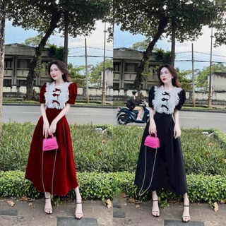 Đầm váy nữ tiểu thư dáng dài phối bèo đính nơ siêu yêu cho nàng yêu thích phong cách tối giản kín đáo