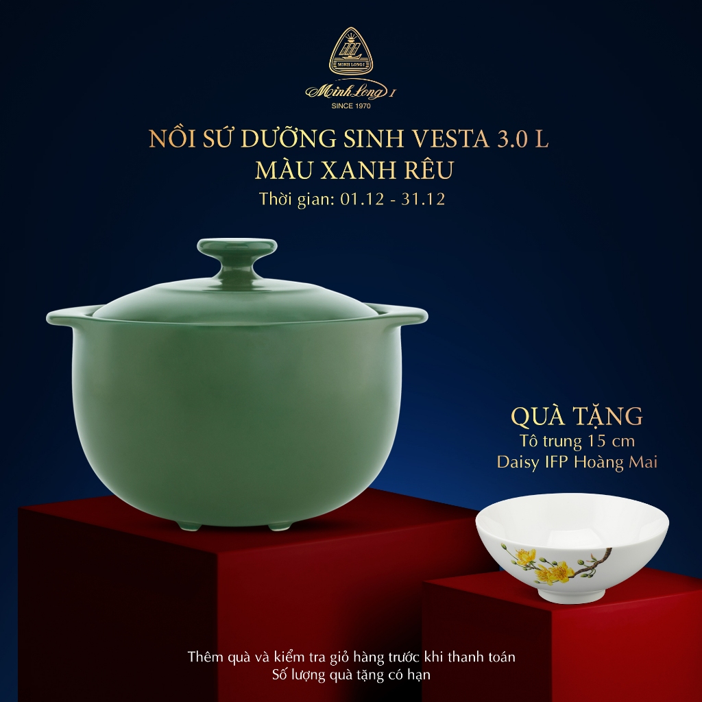 Nồi Sứ Dưỡng Sinh Minh Long Healthy Cook Vesta 3.0 L - Dùng Cho Bếp Gas, Bếp Hồng Ngoại