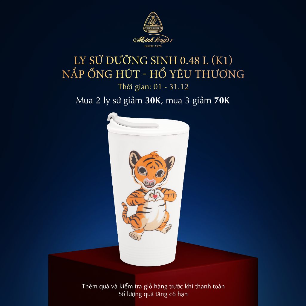 Ly Sứ Dưỡng Sinh Minh Long 0.48L + Nắp Ống Hút - Hổ Yêu Thương