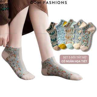 Set 5 đôi tất nữ cổ ngắn GOMTAT hoạ tiết hoa cỏ dễ thương, chất liệu cotton dày dặn thoáng khí, cực ấm - DTA-A056