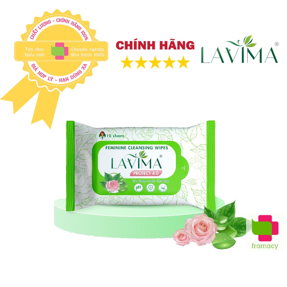 Khăn ướt vệ sinh phụ khoa LAVIMA Protect 4.0, Việt Nam (10 miếng) giúp vùng kín luôn sạch sẽ, khô thoáng