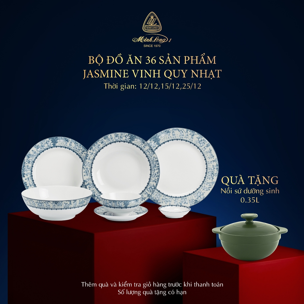 [QUÀ TẶNG DUY NHẤT 12/12] Bộ Chén Dĩa, Bộ Bát Dĩa Cao Cấp Minh Long 36 sản phẩm - Jasmine - Vinh Quy Nhạt