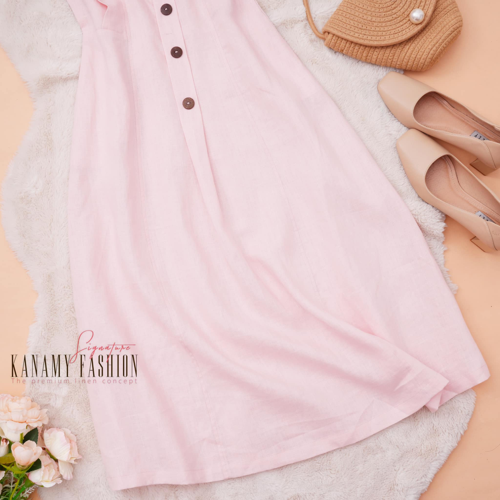 Đầm sát nách Linen tưng phối nút KANAMY màu hồng
