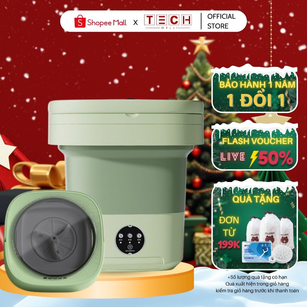 Máy Giặt Mini Tự Động TECHWELL Có Thể Gấp Gọn Khử Khuẩn Bằng Ánh Sáng Xanh_MGMN