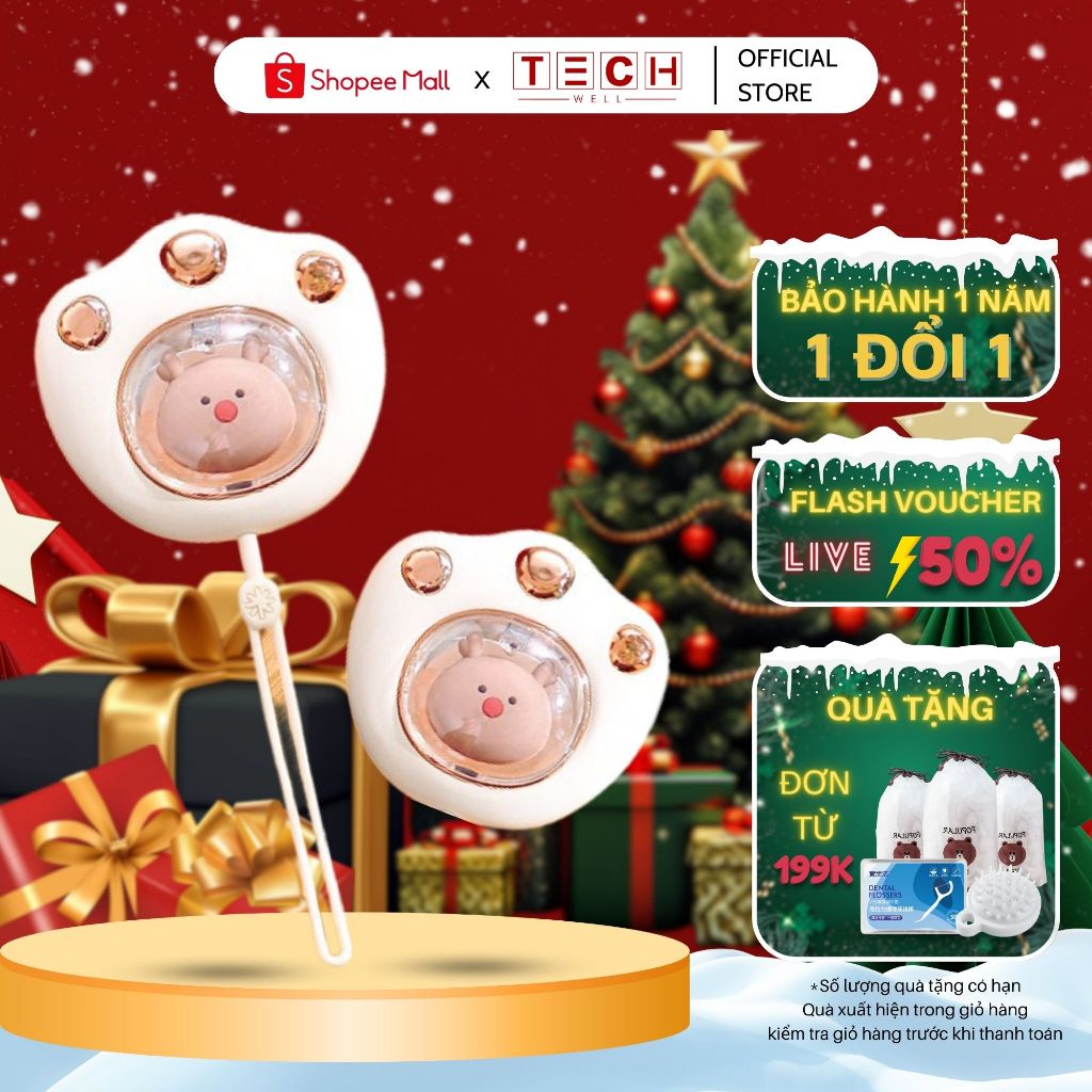 Máy Sưởi Mini Cầm Tay Đa Năng TECHWEL Hình Chân Mèo Pin Sạc 2400Mah 4 Tiếng Sử Dụng