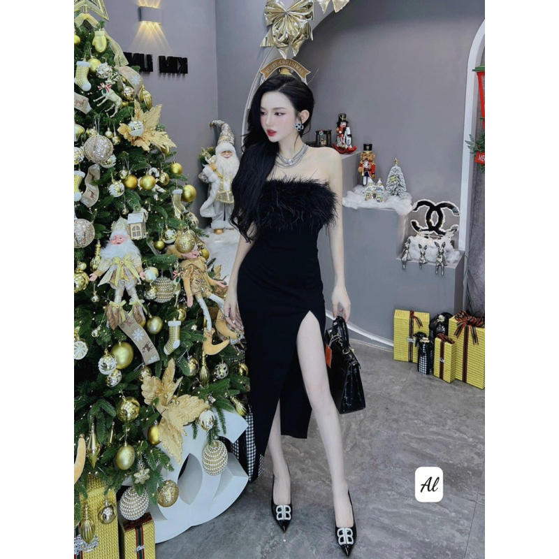 Đầm thiết kế đính lông ngực sẻ đùi hack chân sang chảnh