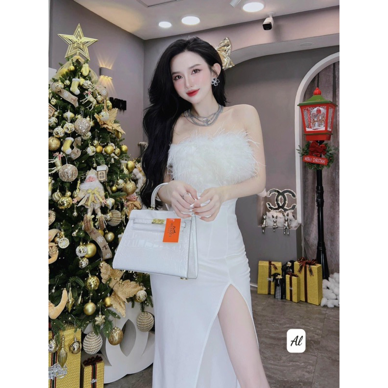 Đầm thiết kế đính lông ngực sẻ đùi hack chân sang chảnh