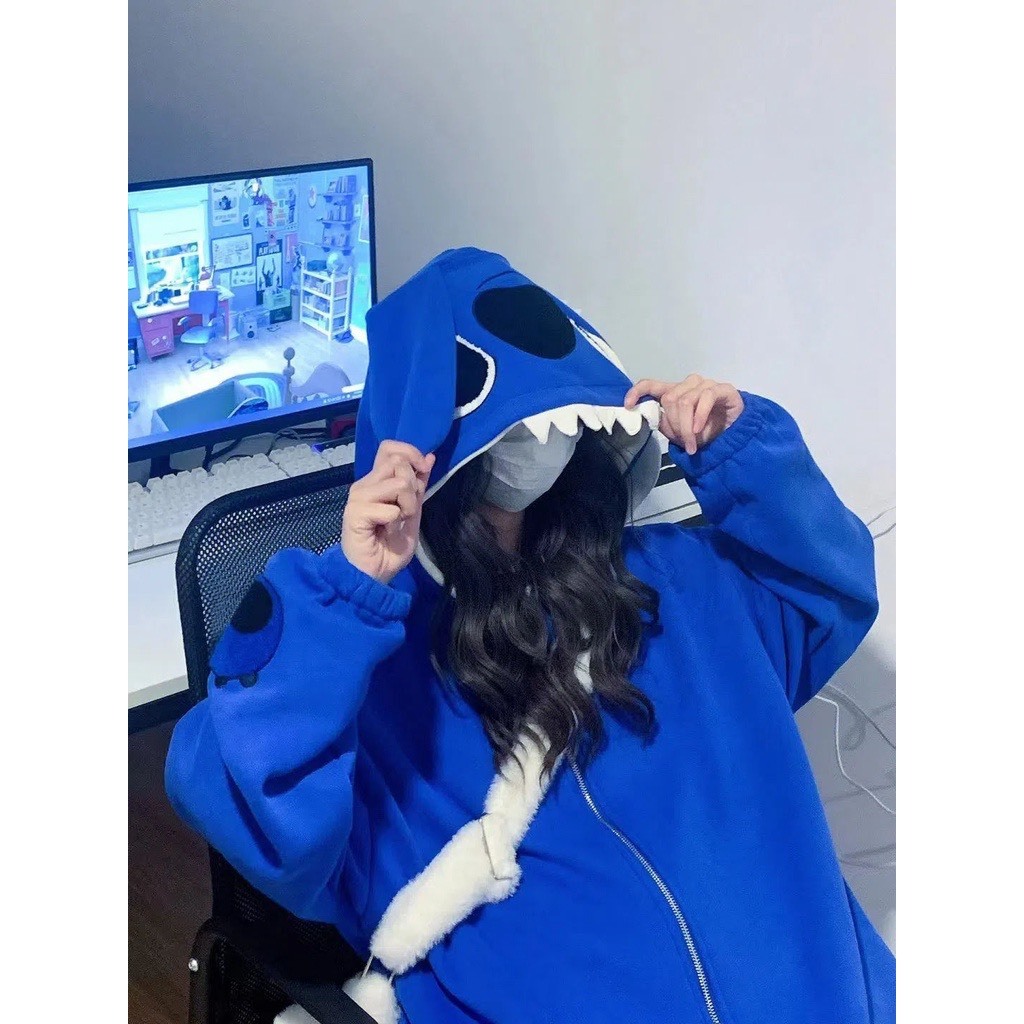 Áo khoác có mũ kiểu dáng gấu stick chất nỉ màu xanh form rộng, áo hoodie zip unisex hot trend M12