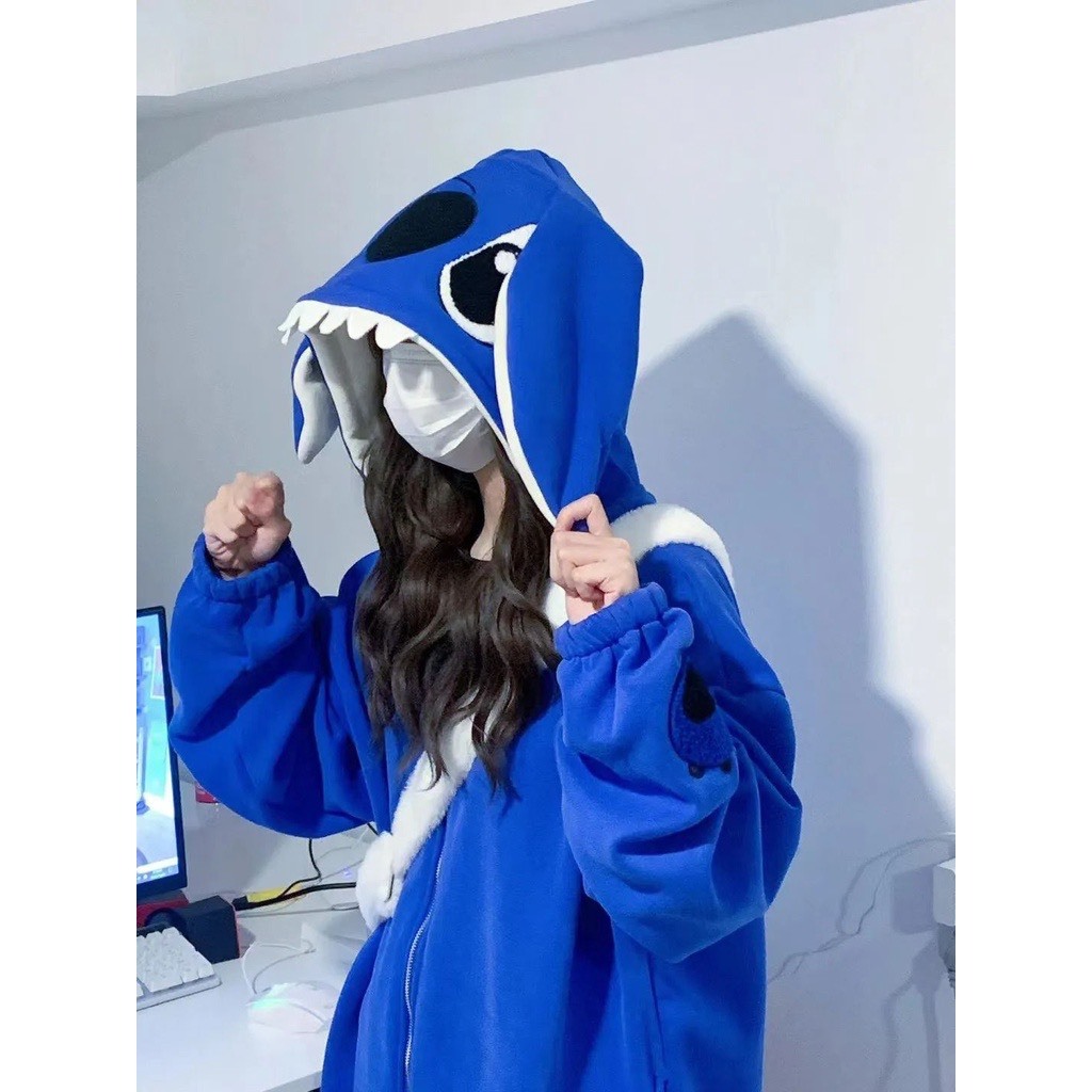 Áo khoác có mũ kiểu dáng gấu stick chất nỉ màu xanh form rộng, áo hoodie zip unisex hot trend M12