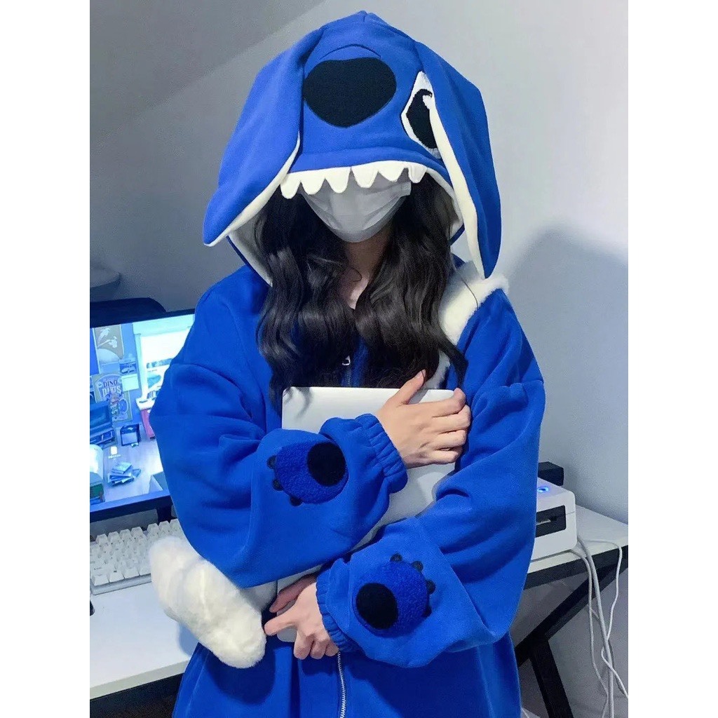 Áo khoác có mũ kiểu dáng gấu stick chất nỉ màu xanh form rộng, áo hoodie zip unisex hot trend M12