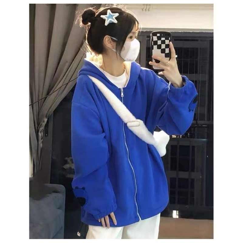 Áo khoác có mũ kiểu dáng gấu stick chất nỉ màu xanh form rộng, áo hoodie zip unisex hot trend M12