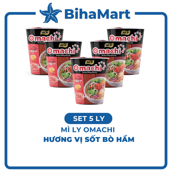 [SET 5 LY] -  MASAN - Mì ly Omachi (KHÔNG THỊT) vị Xốt Bò Hầm/ Sốt Bò Hầm (70g/ly)  - Mì ly dinh dưỡng khoai tây Omachi