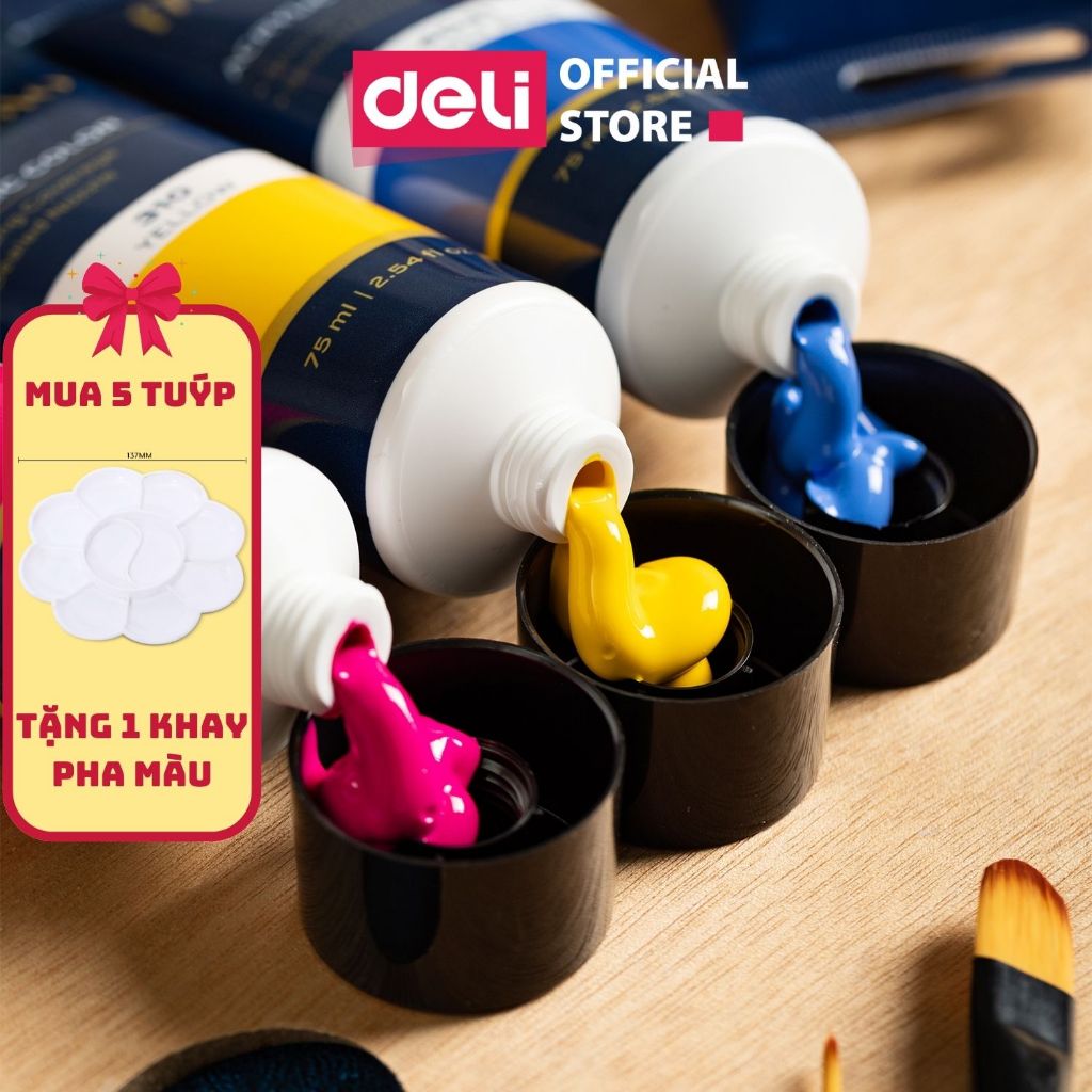 Màu nước Acrylic cao cấp dạng tuýp 75ml Deli - Phù hợp sơn tường, vẽ vải, tô tranh DIY - Từ mới tô màu tới chuyên nghiệp