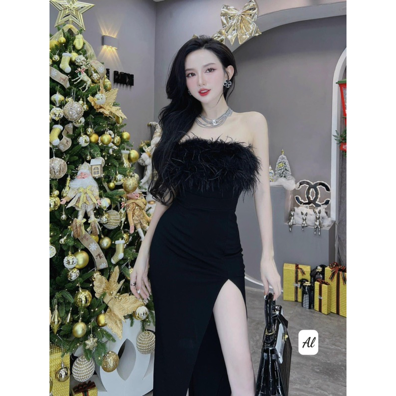 Đầm thiết kế đính lông ngực sẻ đùi hack chân sang chảnh