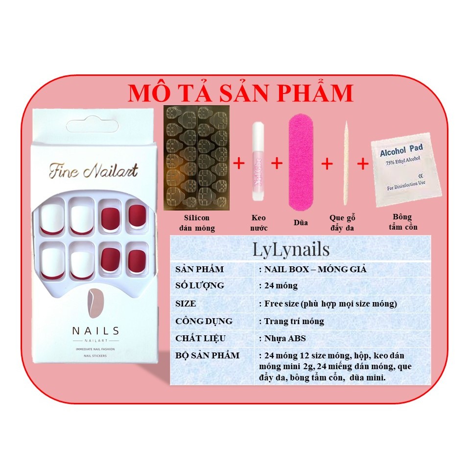 Bộ 24 móng tay giả,Nailbox thiết kế thủ công đính đá,đính charm trang nhã sang chảnh LyLy