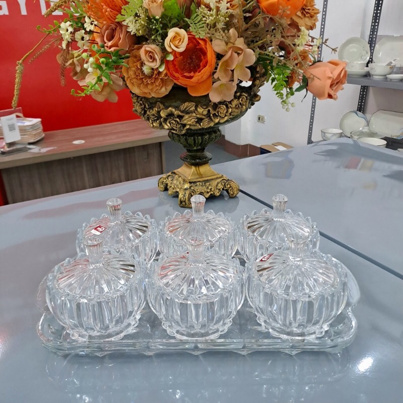 Bộ khay mứt tết thủy tinh pha lê (6 thố + 1 khay thuỷ tinh)