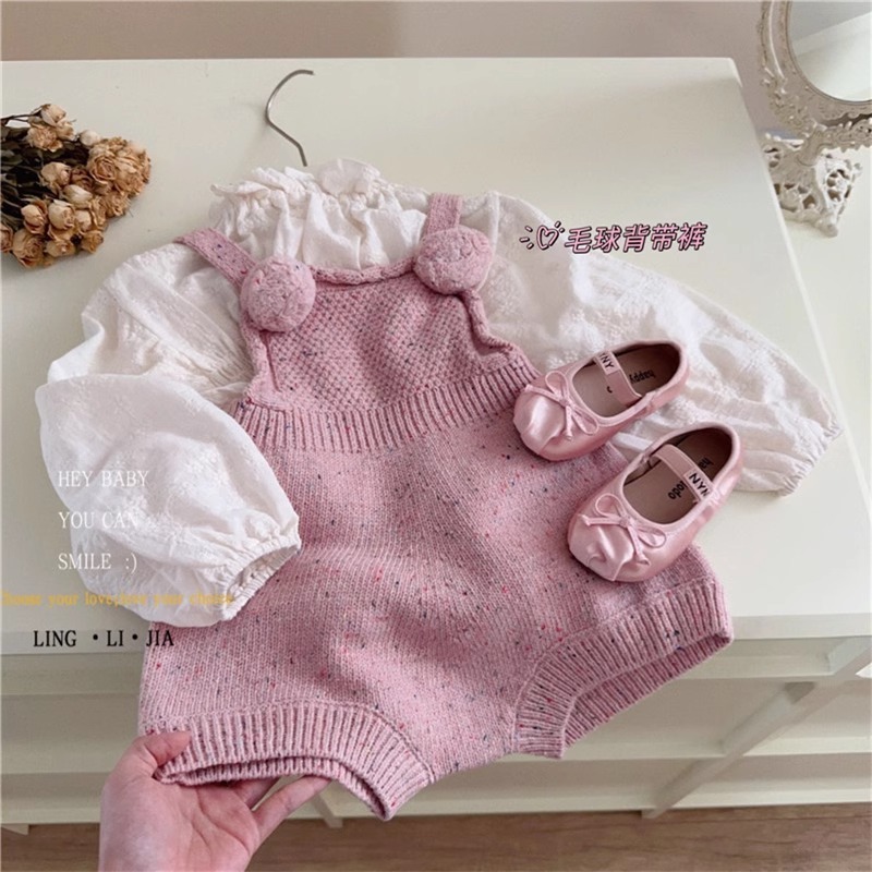 Set bộ quần áo yếm len màu hồng dễ thương cho bé gái từ 8 tháng đến 7 tuổi