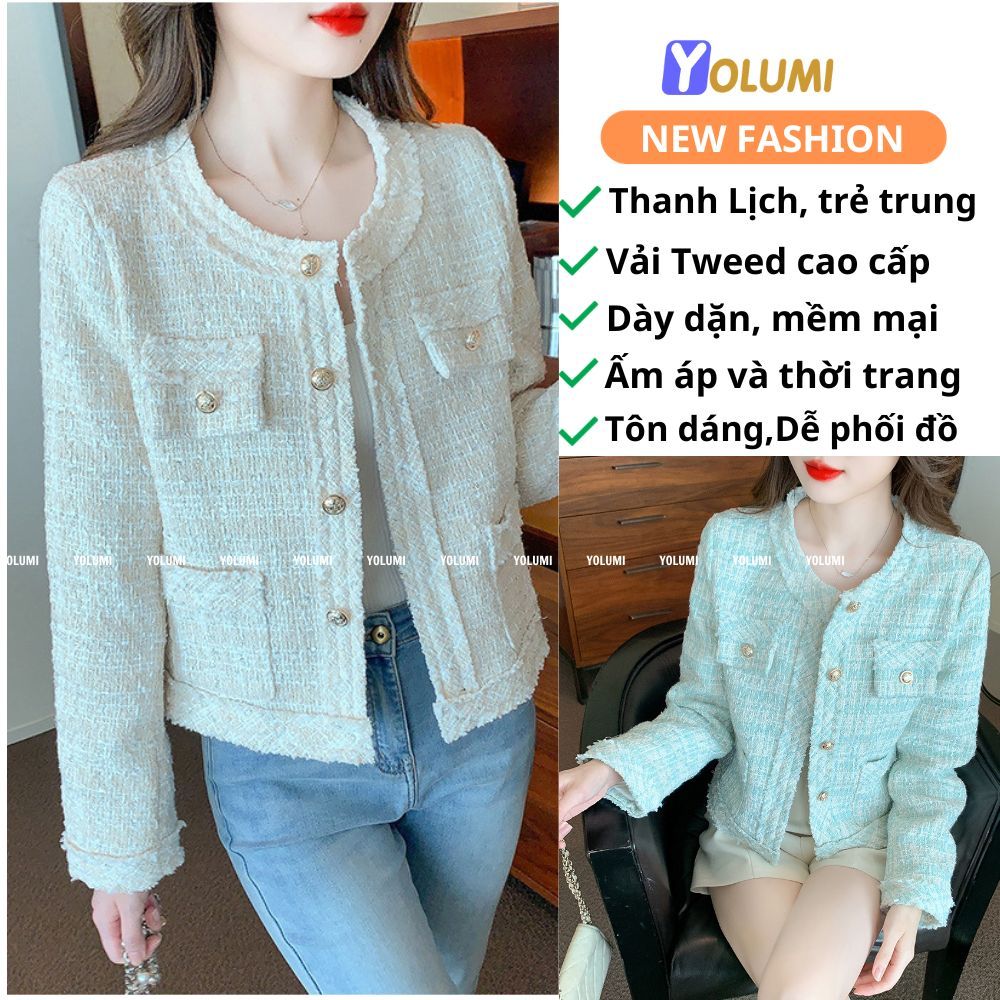 Áo Khoác Dạ Tweed Áo dạ nữ hai lớp cao cấp, vải dày dặn mềm mịn phối kim tuyến nhẹ phong cách Hàn Quốc YOLUMI