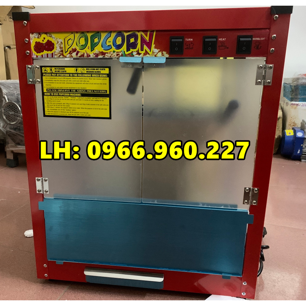 Máy làm bắp rang bơ bằng inox, có tủ kính