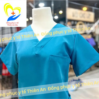 Bộ Scrubs - màu xanh Cổ vịt vải Cotton Hàn - bác sĩ, blouse cổ tim, đồng phục điều dưỡng, spa, thẩm mỹ viện, dược sĩ.