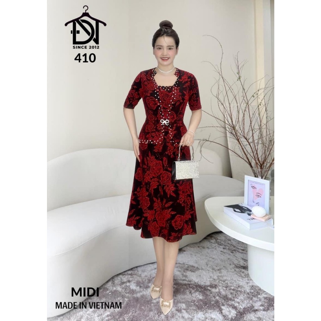 Đầm trung niên dự tiệc sang trọng vải kim tuyến nhũ kim sa tặng mẹ co giãn tốt bigsize 80kg DN07