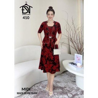 Đầm dạ hội trung niên dự tiệc sang trọng vải kim tuyến nhũ kim sa tặng mẹ co giãn bigsize 80kg DN07 ĐỎ