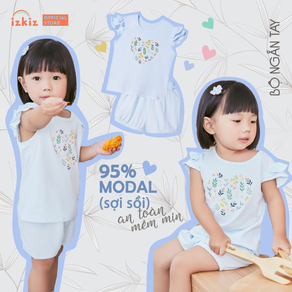 Bộ Đồ Bé Gái, Vải Sợi Sồi Cho Bé Từ 1-4 Tuổi IZKIZ, Siêu Mềm Mại, An Toàn Cho Da, Màu Xanh Pastel