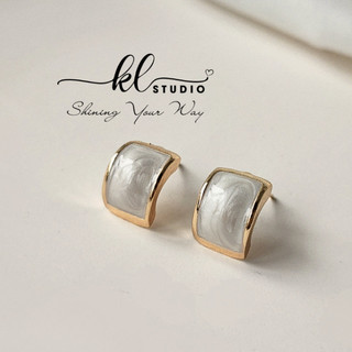  Bông Tai Chuôi Bạc 925 Hình Chữ Nhật Cong Vân Đá Marble Xà Cừ Đơn Giản - E80